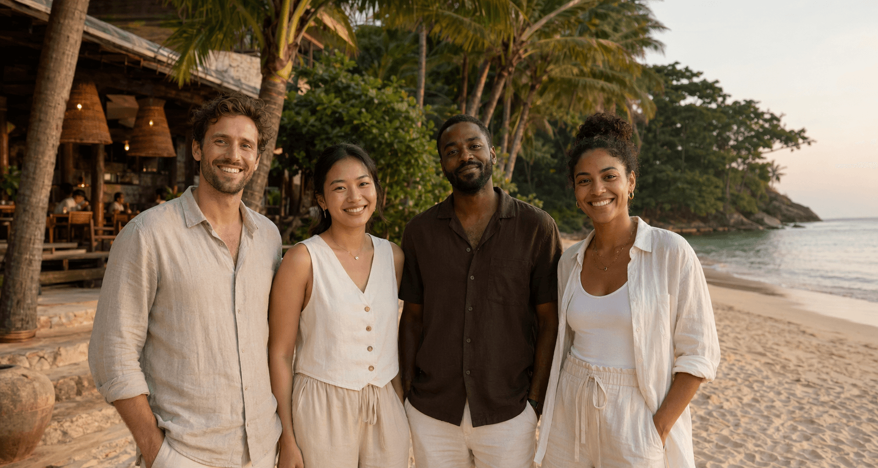 The RightRoomPrice founding team standing together on a beach in Thailand